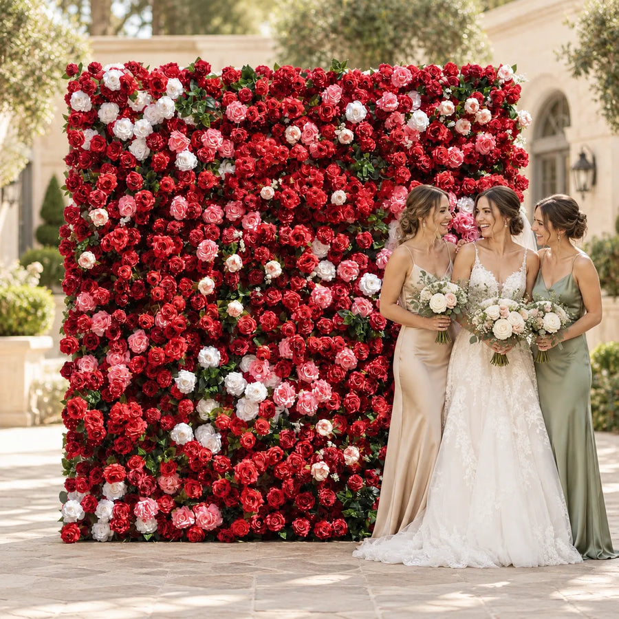 5D Fabric Artificial Red, Pink & White Roll-Up Flower Wall in an AI-styled wedding scene