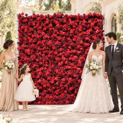 5D Fabric Artificial Red Roll-Up Flower Wall in an AI-styled wedding scene