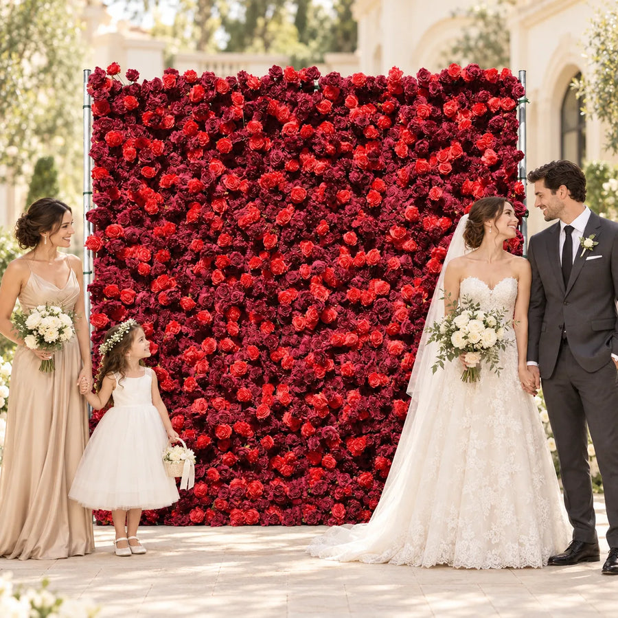 5D Fabric Artificial Red Roll-Up Flower Wall in an AI-styled wedding scene