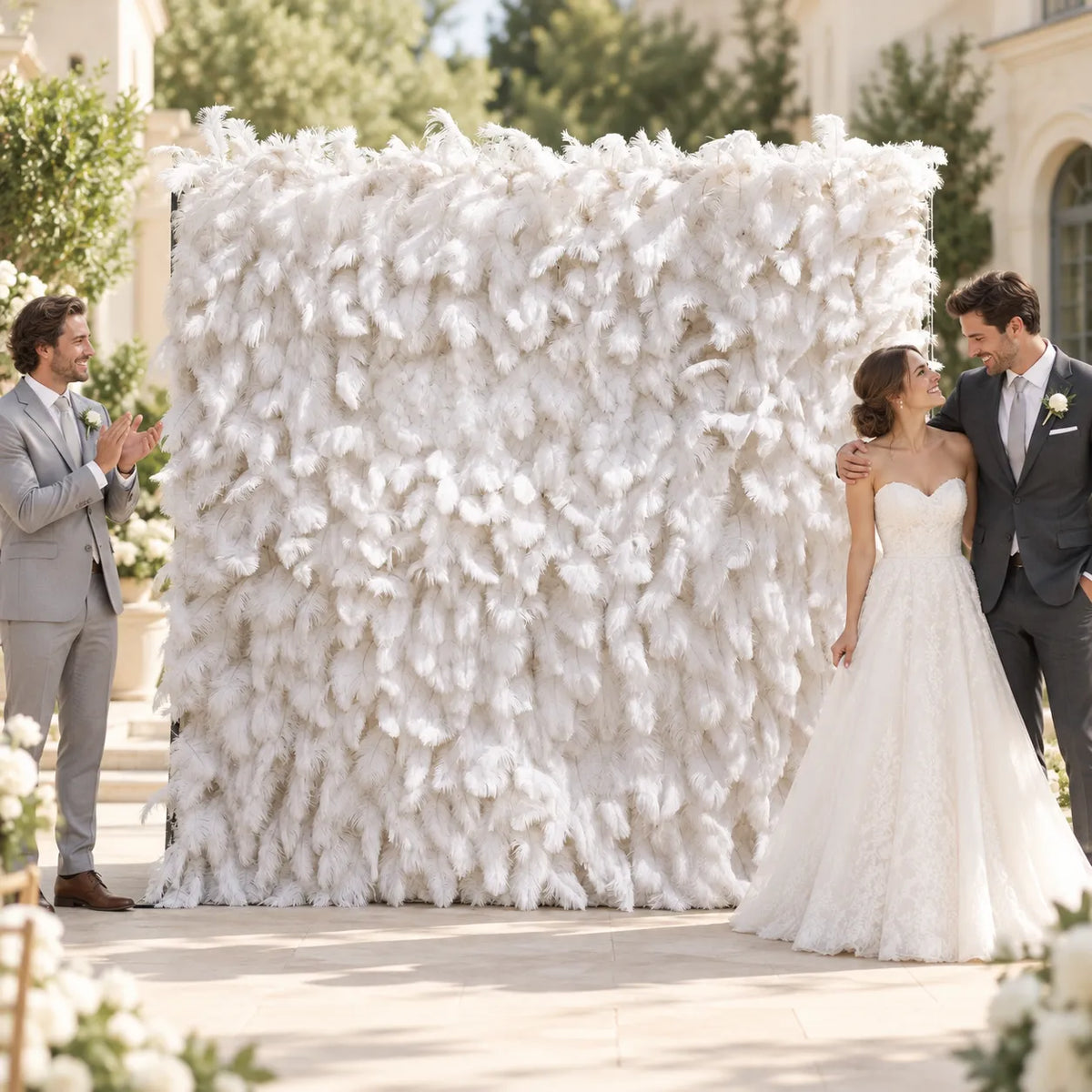 White Feather 5D Fabric Artificial Roll-Up Flower Wall in an AI-styled wedding scene