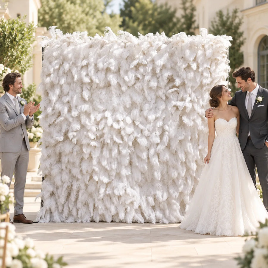 White Feather 5D Fabric Artificial Roll-Up Flower Wall in an AI-styled wedding scene
