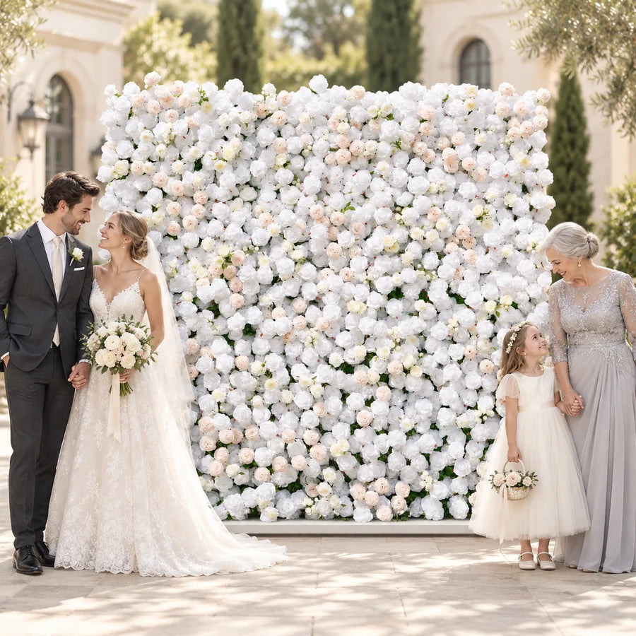 5D White & Champagne Roll-Up Flower Wall — Design 01 in an AI-styled wedding scene