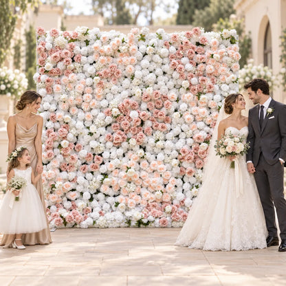 5D White & Champagne Roll-Up Flower Wall — Design 02 in an AI-styled wedding scene