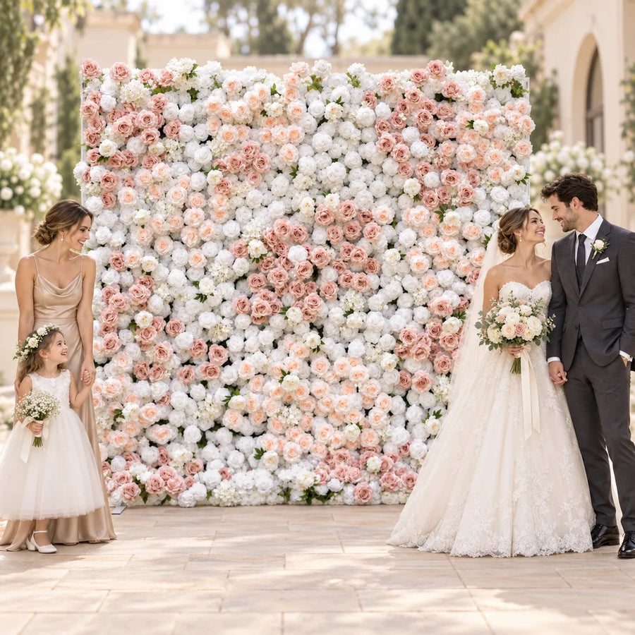 5D White & Champagne Roll-Up Flower Wall — Design 02 in an AI-styled wedding scene