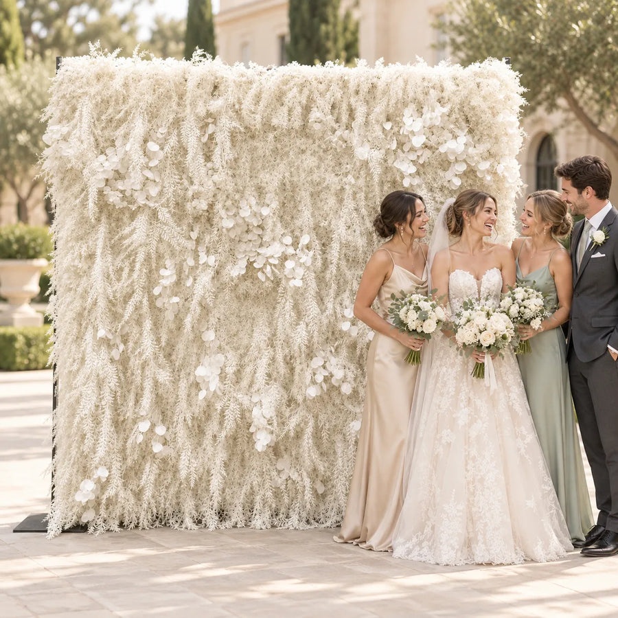 5D White Roll-Up Flower Wall — Design 02 in an AI-styled wedding scene