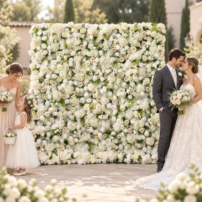 5D White Roll-Up Flower Wall — Design 03 in an AI-styled wedding scene