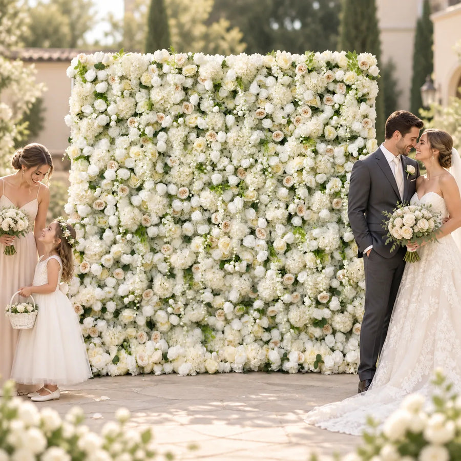 5D White Roll-Up Flower Wall — Design 03 in an AI-styled wedding scene