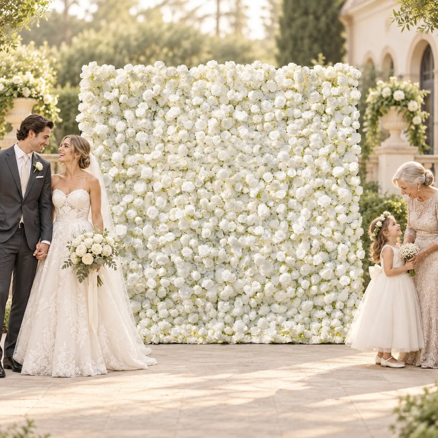 5D Fabric Artificial White Rose Roll-Up Flower Wall in an AI-styled wedding scene