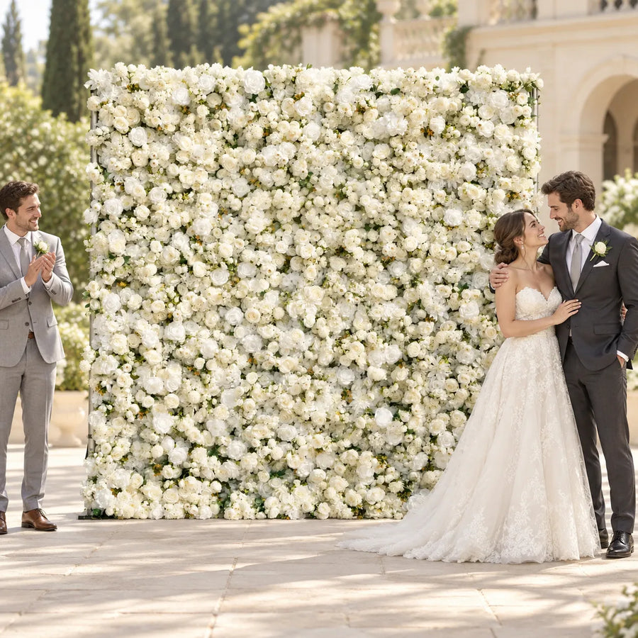 5D White Roll-Up Flower Wall — Design 01 in an AI-styled wedding scene