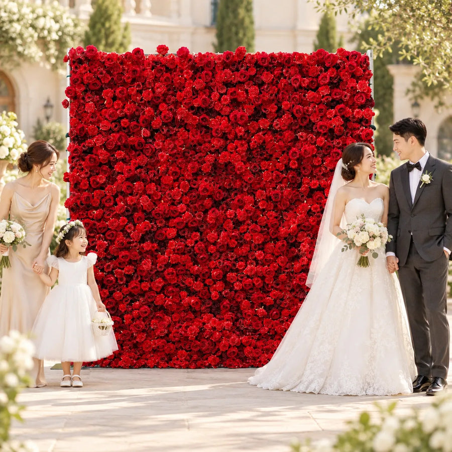 5D Garden Series Flower Wall — Red Rose Design in an AI-styled wedding scene