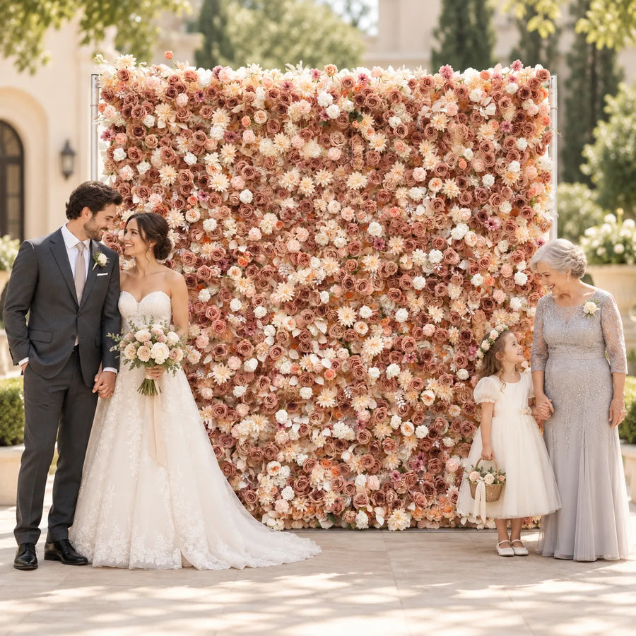 5D Golden Fabric Artificial Roll-Up Flower Wall in an AI-styled wedding scene