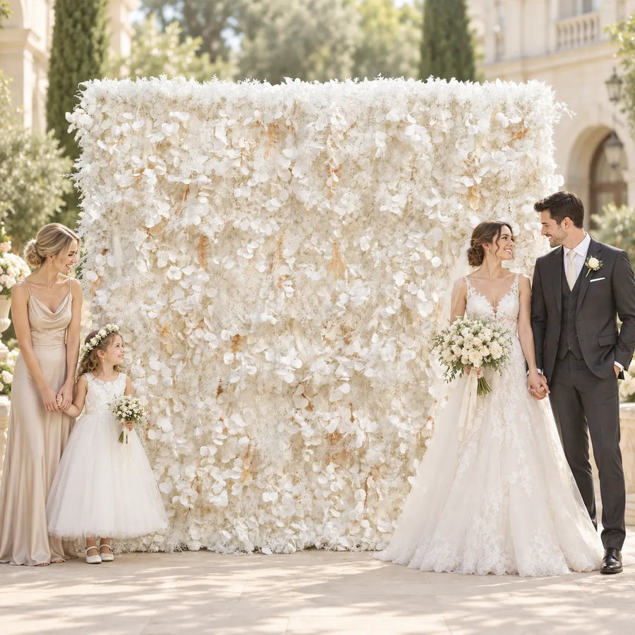 5D Grey White Fabric Artificial Roll-Up Flower Wall in an AI-styled wedding scene