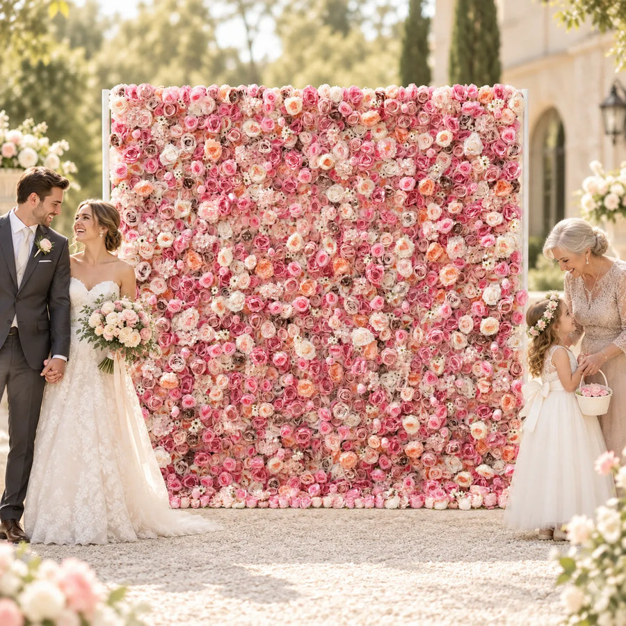 5D pink, blush, peach and ivory roll-up flower wall for weddings, celebrations, photography and event decor. in an AI-styled wedding scene