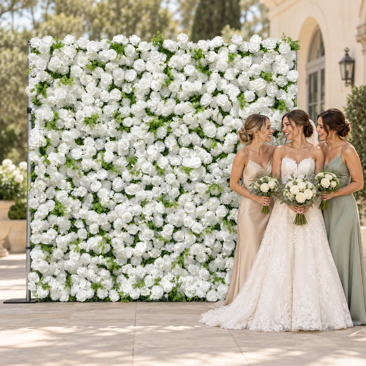 5D Garden Series Flower Wall — White & Green Design in an AI-styled wedding scene