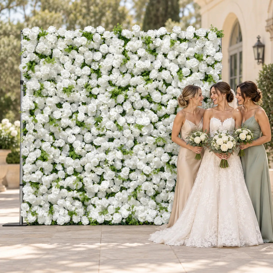 5D Garden Series Flower Wall — White & Green Design in an AI-styled wedding scene