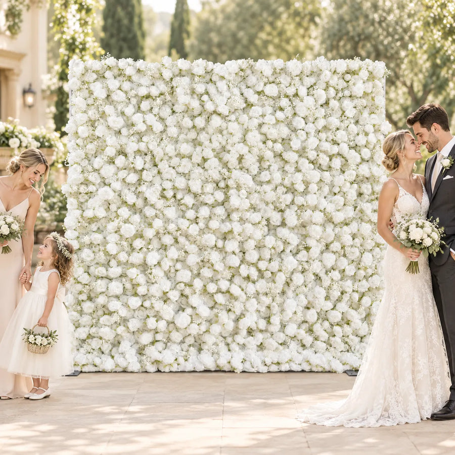 5D White Rose Fabric Artificial Roll-Up Flower Wall in an AI-styled wedding scene