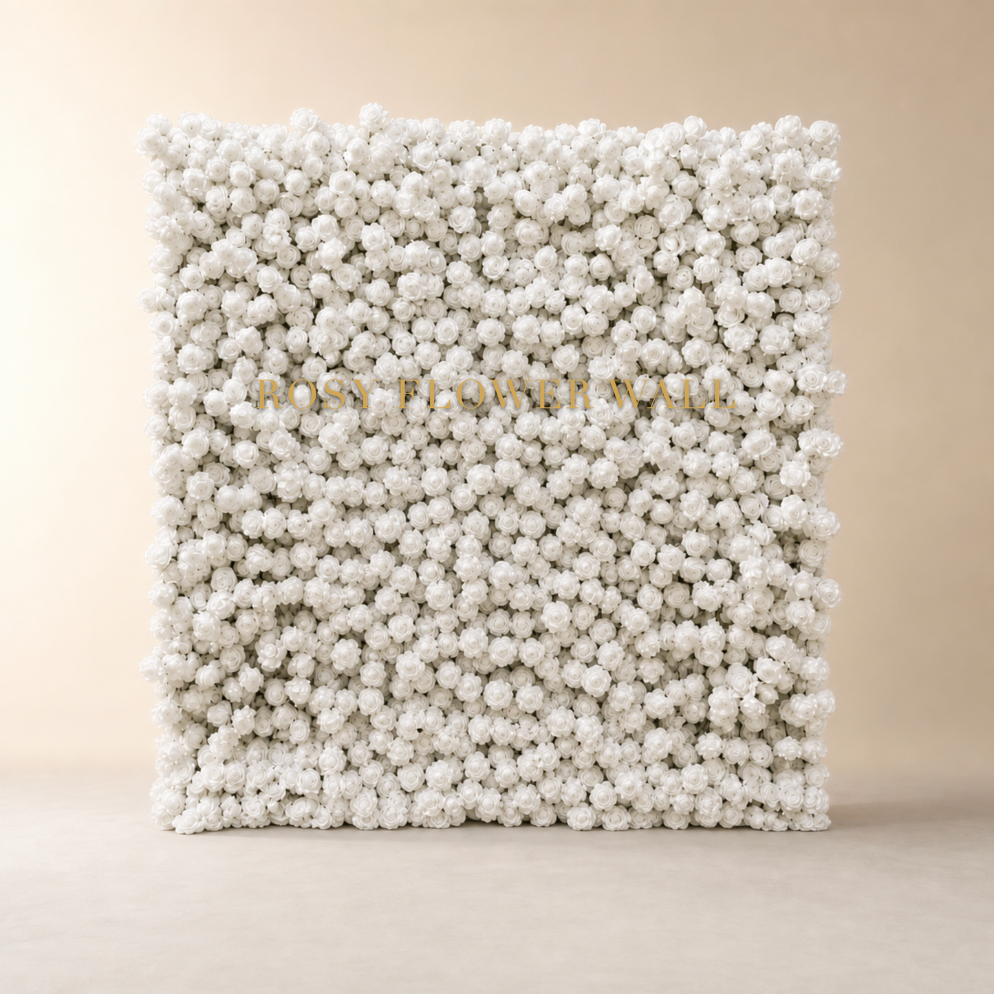 5D white rose flower wall backdrop in warm ivory studio with gold Rosy Flower Wall logo