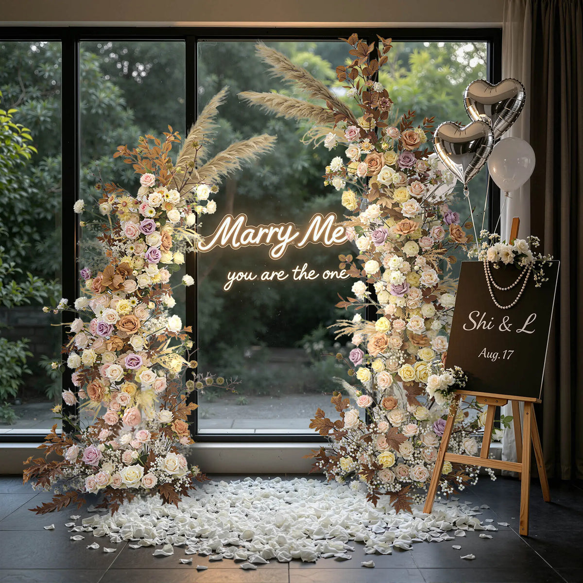 Rosy Early Fall Series Pampas Grass Horn Arch Wedding Backdrop Decor Floral Arrangement
