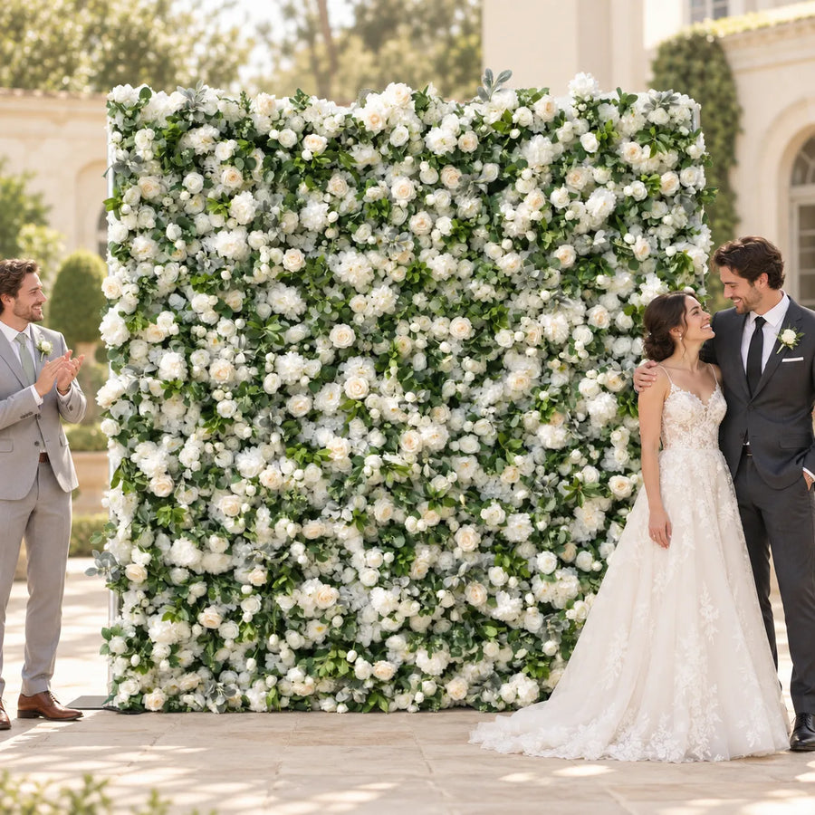 7D Fabric Artificial White & Green Roll-Up Flower Wall in an AI-styled wedding scene