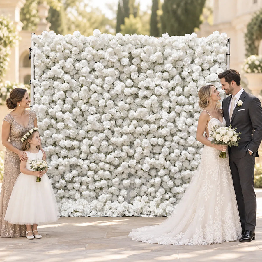8×8 ft 5D White Rose Flower Wall Backdrop in an AI-styled wedding scene