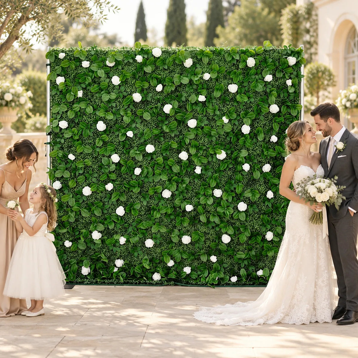 White & Green Flower Wall Backdrop – 8 ft × 8 ft in an AI-styled wedding scene