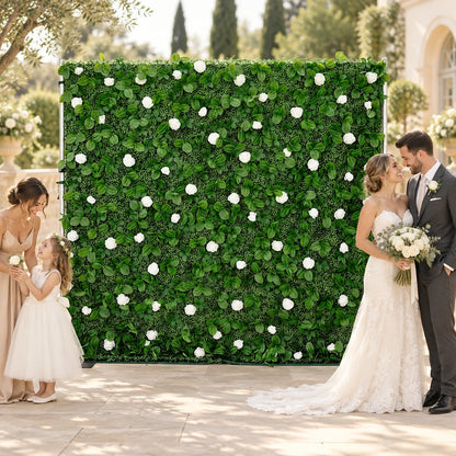 White & Green Flower Wall Backdrop – 8 ft × 8 ft in an AI-styled wedding scene