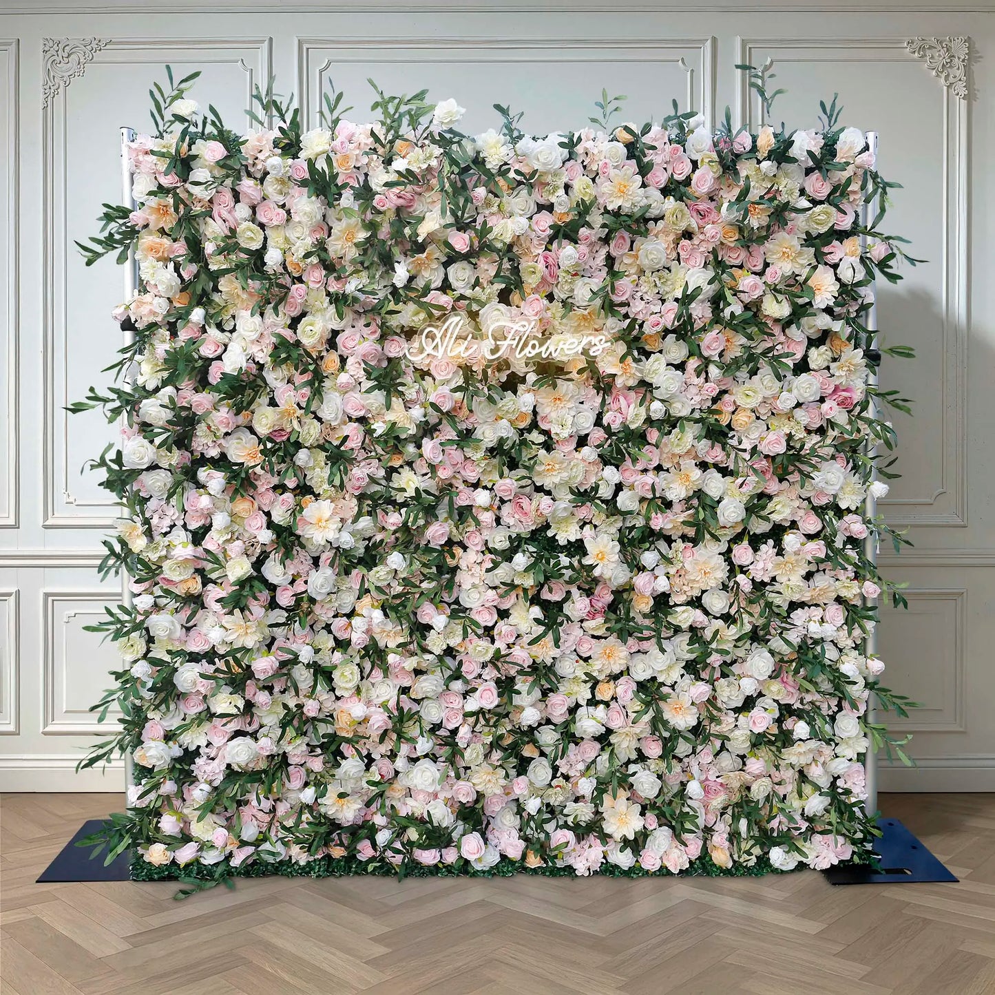 Rosy Wedding Backdrop Decor Green Leaves Pink Rose Fabric Cloth Flower Wall