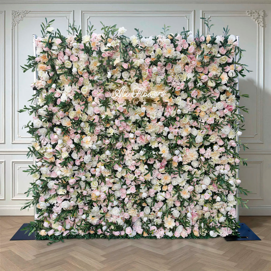 Rosy Wedding Backdrop Decor Green Leaves Pink Rose Fabric Cloth Flower Wall