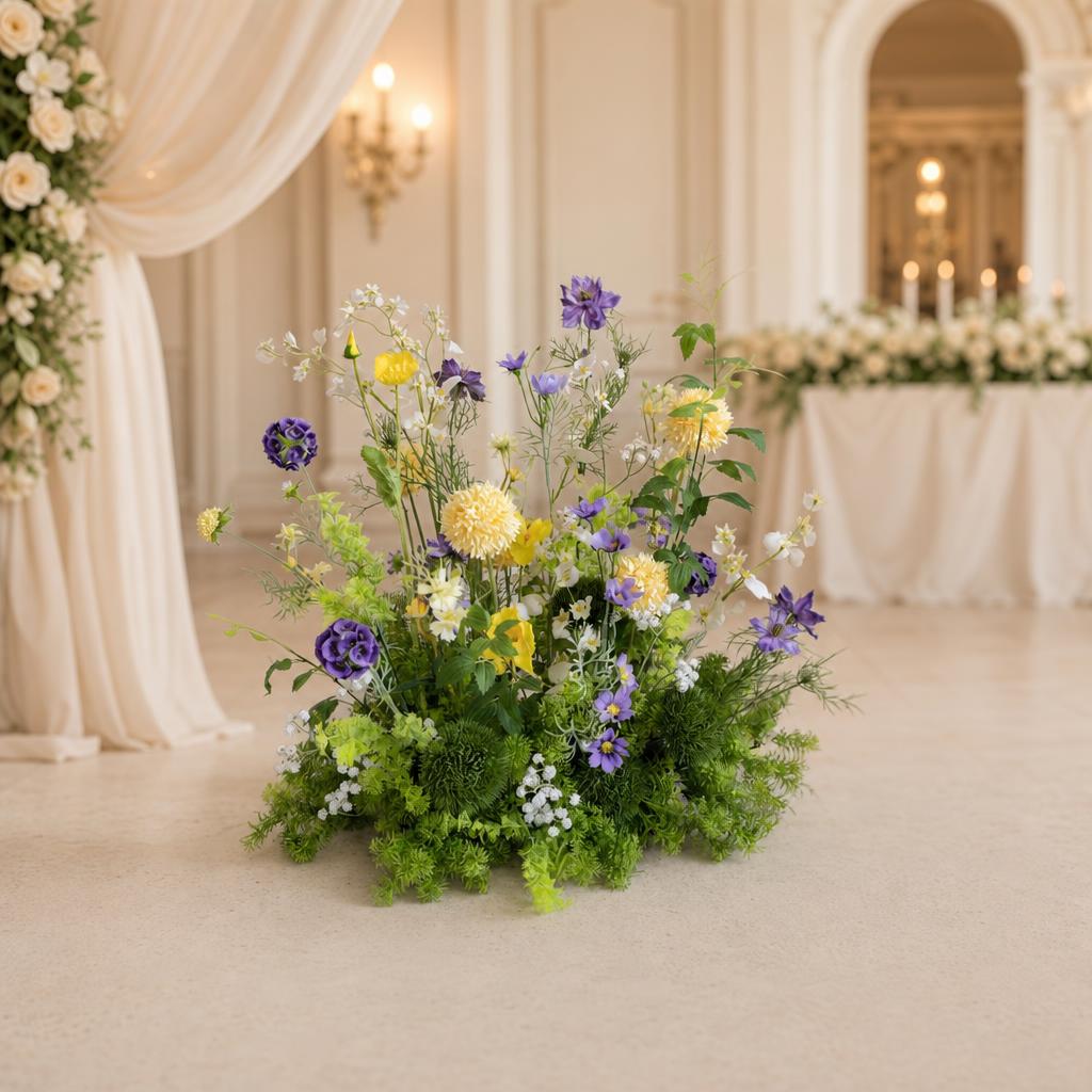 Yellow & Purple Floral Row – Wedding Aisle Decor