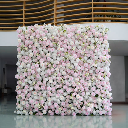 White and blush 5D silk flower wall backdrop, front view in an indoor venue