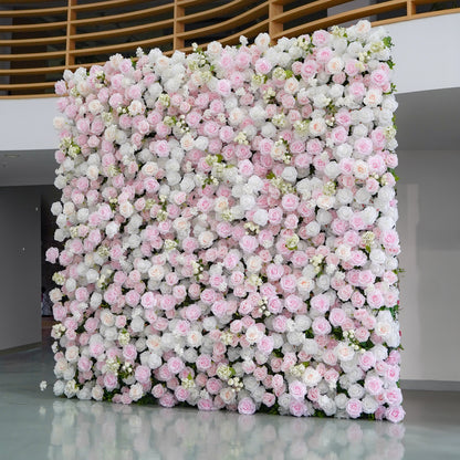 White and blush 5D silk flower wall backdrop, angled side view in an indoor venue