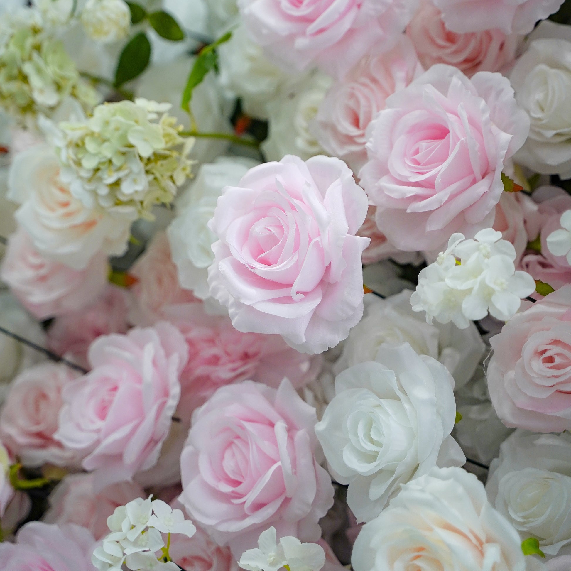 Macro view of layered pink and white silk rose petals