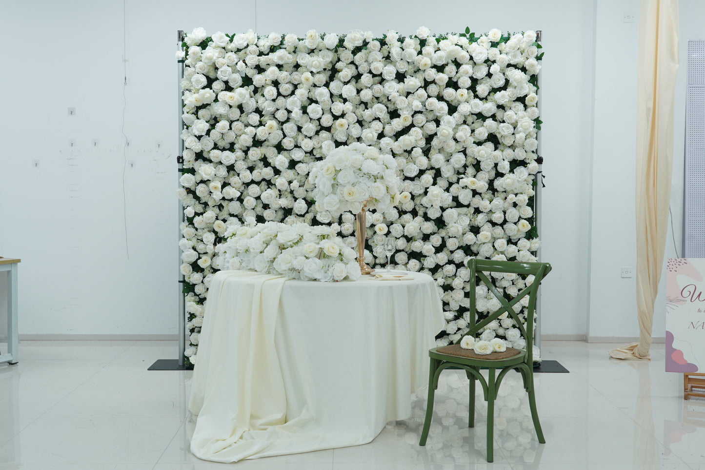 All White Wedding Backdrop Package with Flower Wall & Centerpieces