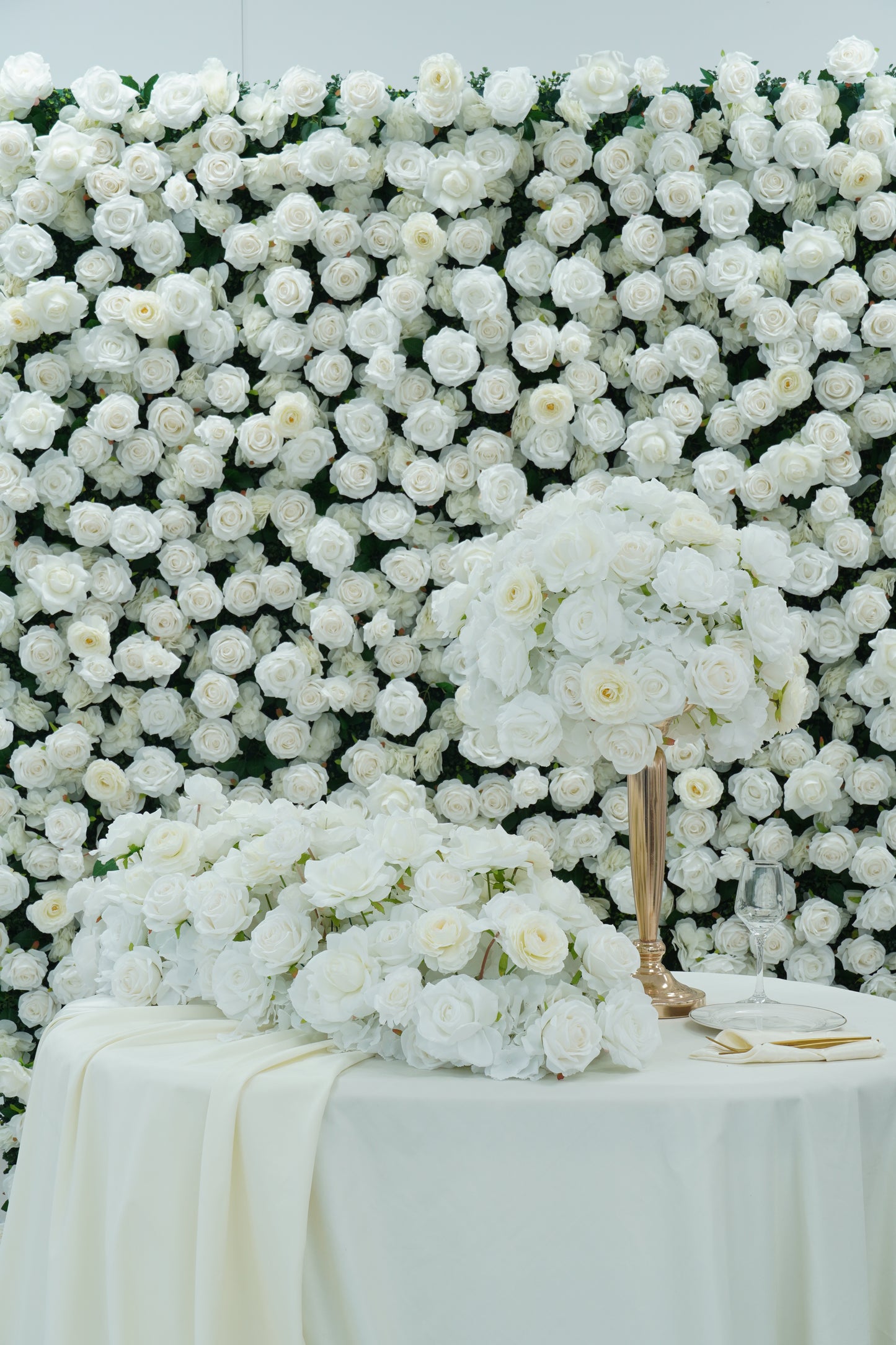 All White Wedding Backdrop Package with Flower Wall & Centerpieces