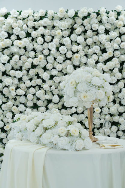 All White Wedding Backdrop Package with Flower Wall & Centerpieces
