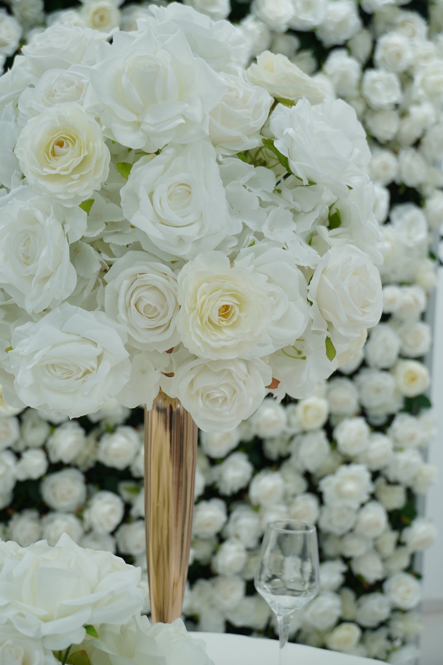All White Wedding Backdrop Package with Flower Wall & Centerpieces