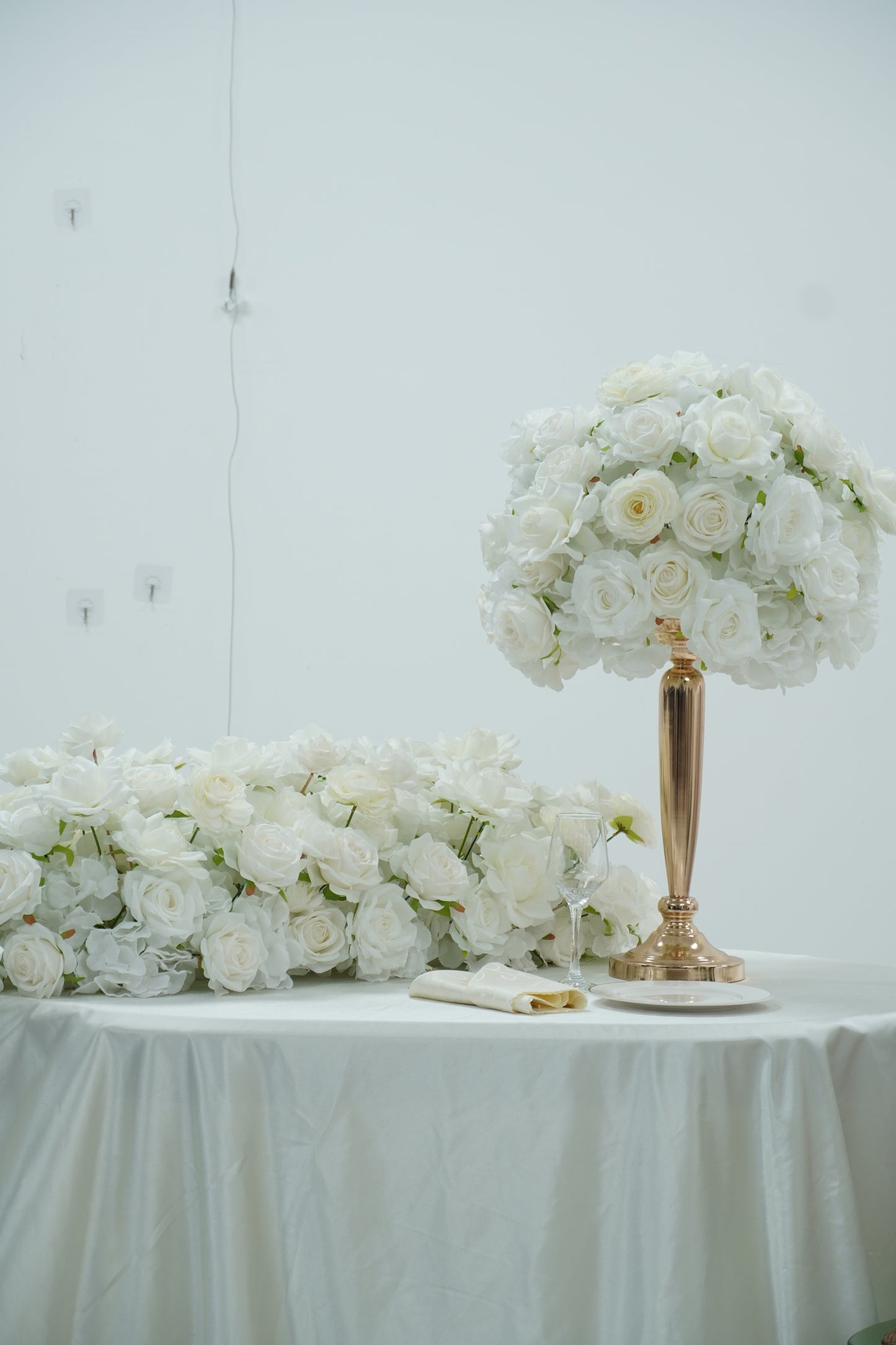 All White Wedding Backdrop Package with Flower Wall & Centerpieces