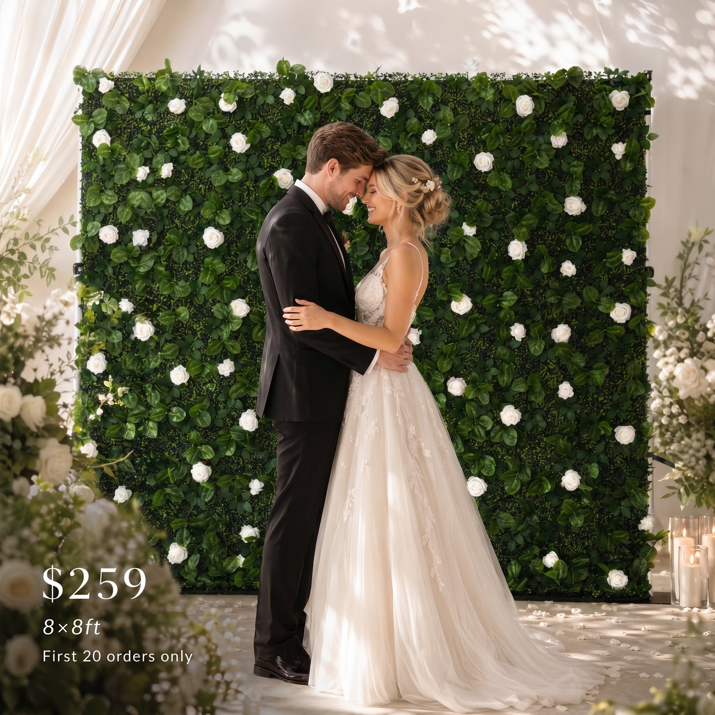 Sfondo floreale 8x8 con rose bianche – Decorazioni modulari per matrimoni ed eventi