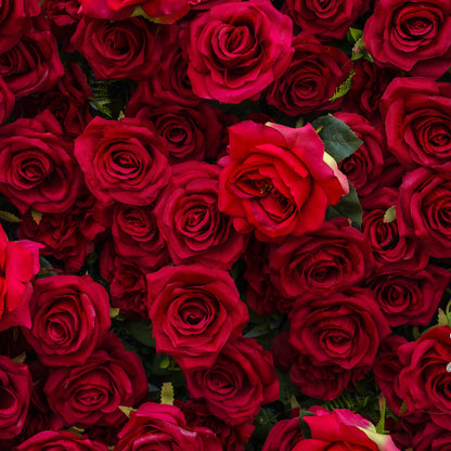 Detail of layered red artificial roses