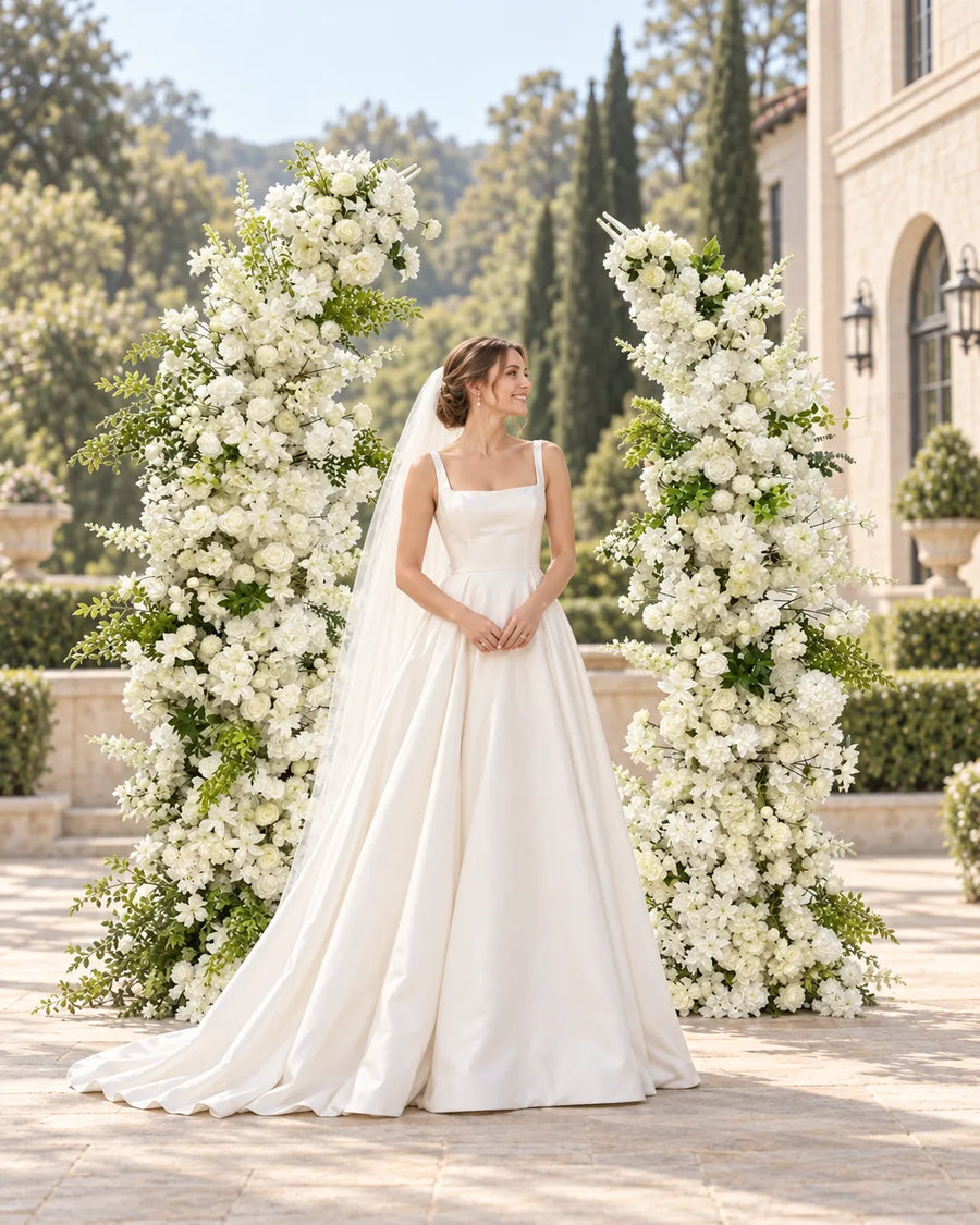 Airy White Garden Wedding Flower Arch in an AI-styled wedding scene