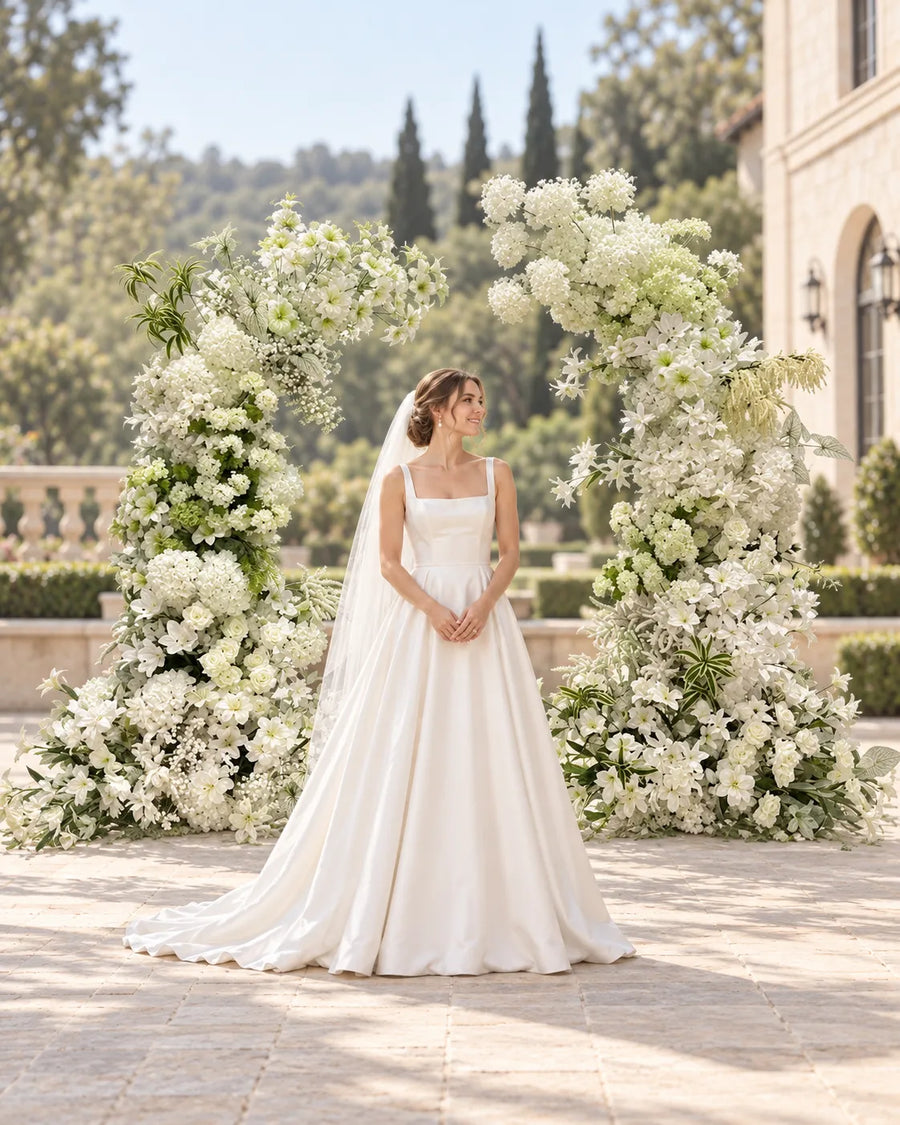 All White Luxury Wedding Flower Arch in an AI-styled wedding scene