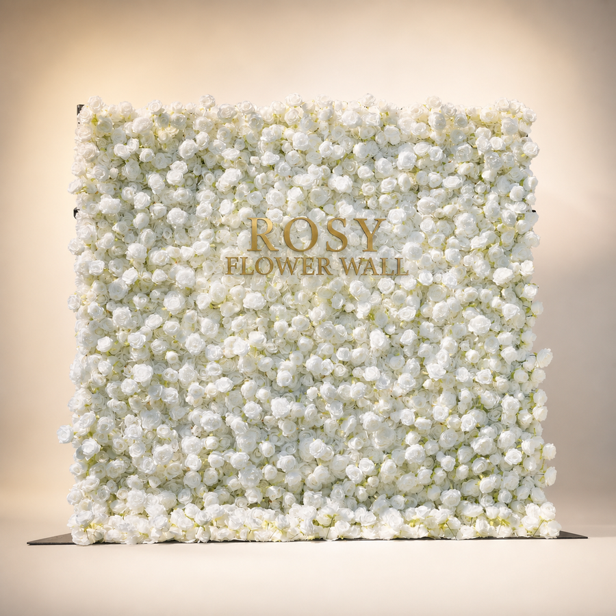Angel 5D white rose flower wall in warm white studio with gold ROSY FLOWER WALL logo