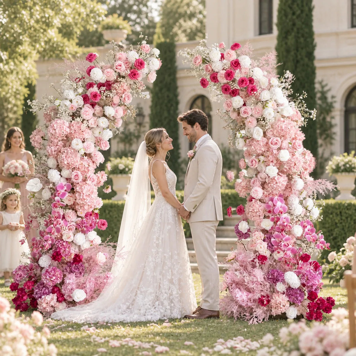 Artificial Floral Arch Backdrop for Wedding & Event Decor in an AI-styled wedding scene