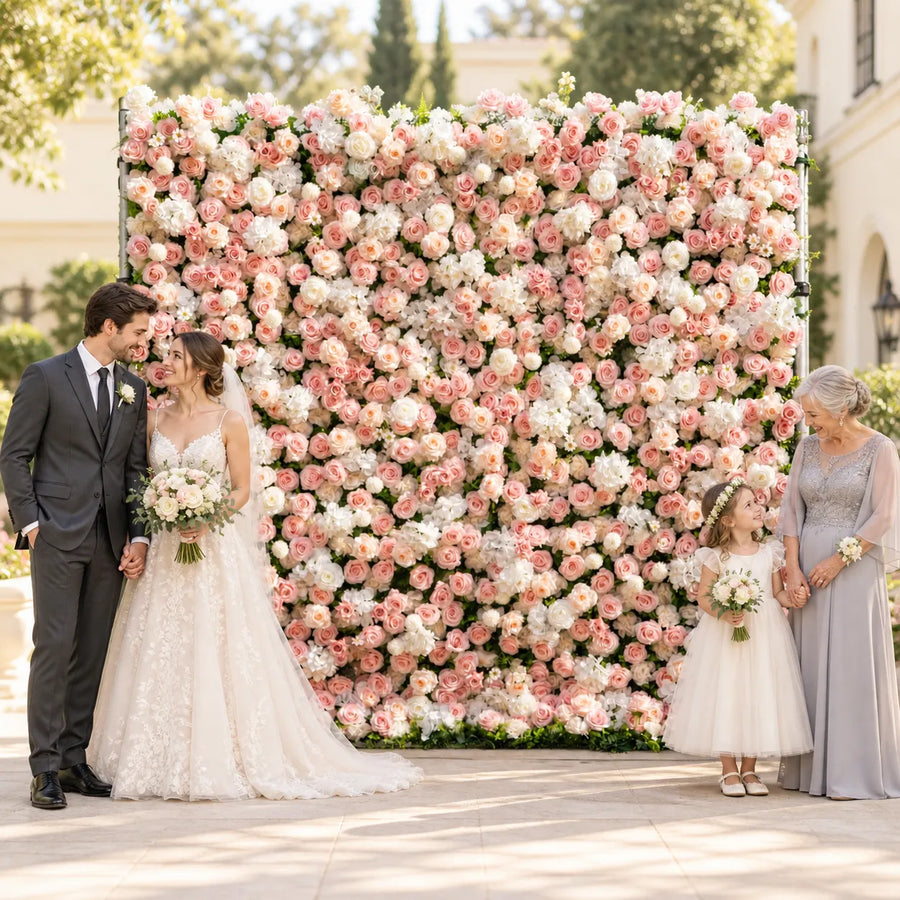 3D Ivory & Blush Artificial Roll-Up Flower Wall — 8 ft × 8 ft in an AI-styled wedding scene