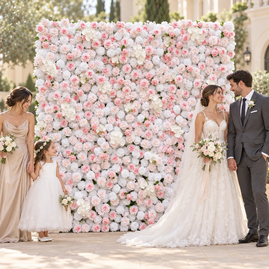 5D Fabric Artificial White & Pink Roll-Up Flower Wall in an AI-styled wedding scene