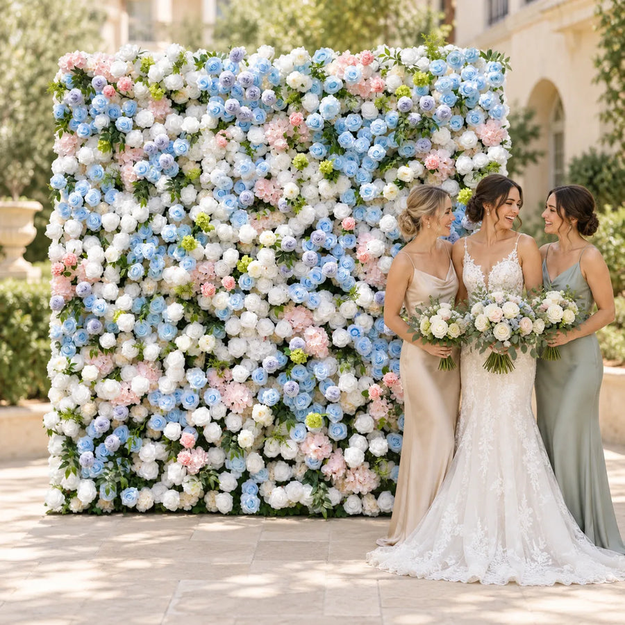 5D Fabric Artificial Blue, White & Pink Roll-Up Flower Wall in an AI-styled wedding scene