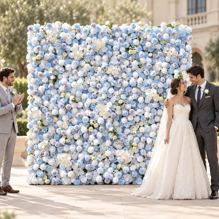 5D Fabric Artificial Blue, White & Lavender Roll-Up Flower Wall in an AI-styled wedding scene