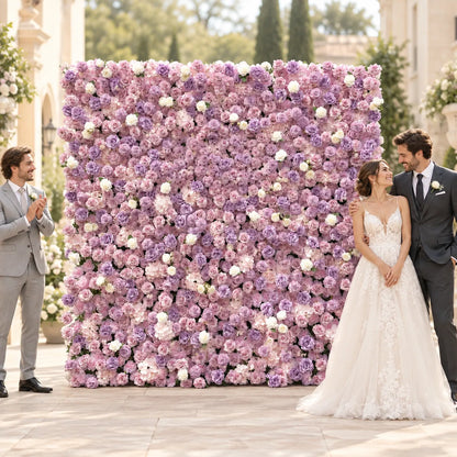 Lavender & Blush 5D Silk Flower Wall Backdrop — 8 ft × 8 ft in an AI-styled wedding scene