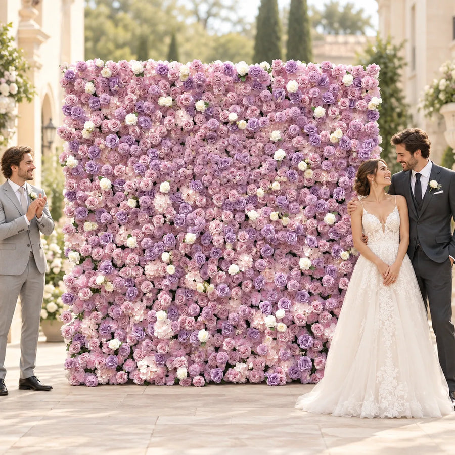 Lavender & Blush 5D Silk Flower Wall Backdrop — 8 ft × 8 ft in an AI-styled wedding scene