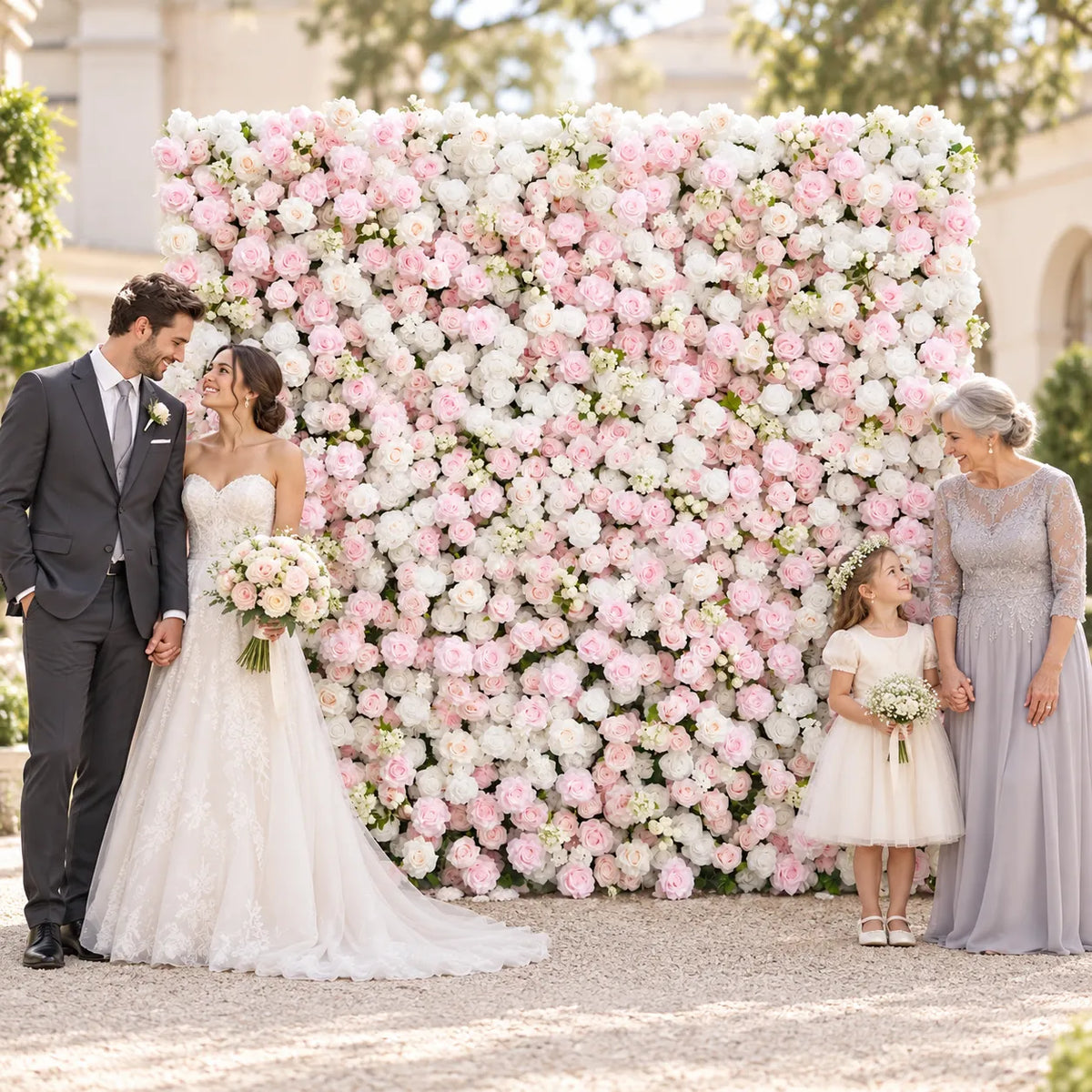 White & Blush 5D Silk Flower Wall Backdrop — 8 ft × 8 ft in an AI-styled wedding scene